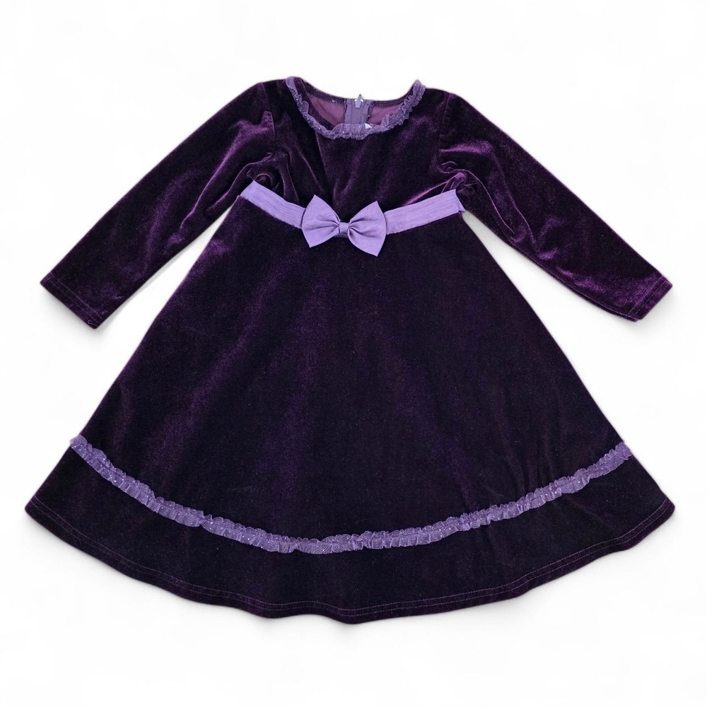 Sophie Rose Purple Velvet Long Sleeve Glitter Ruffle Bow Dress Girls Size 4T